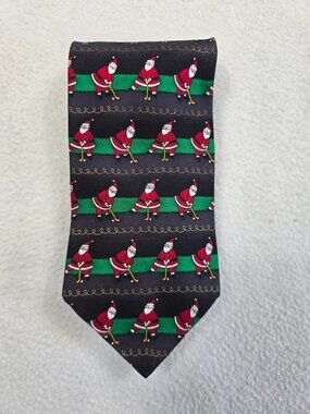 Hallmark Black 100% Silk Tie With Santa Claus Golf Print